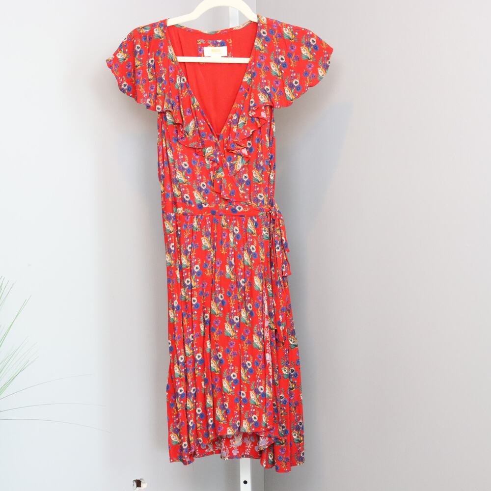 Maeve Anthropologie‎ Red Floral Wrap Midi Dress 4